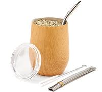 BALIBETOV Kit Calebasse Maté Yerba (Tasse Maté) et Bombilla Maté - Acier Inoxydable 18/8 à Double Paroi - Comprend Deux Bombillas et Une Brosse de Nettoyage (BOIS DE CHÊNE, 355 ml)