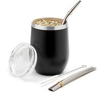 BALIBETOV Kit Calebasse Maté Yerba (Tasse Maté) et Bombilla Maté - Acier Inoxydable 18/8 à Double Paroi - Comprend Deux Bombillas et Une Brosse de Nettoyage (NOIR, 355 ml)