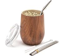 BALIBETOV Kit Calebasse Maté Yerba (Tasse Maté) et Bombilla Maté - Acier Inoxydable 18/8 à Double Paroi - Comprend Deux Bombillas et Une Brosse de Nettoyage (BOIS, 355 ml)