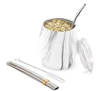 BALIBETOV Kit Calebasse Maté Yerba (Tasse Maté) et Bombilla Maté - Acier Inoxydable 18/8 à Double Paroi - Comprend Deux Bombillas et Une Brosse de Nettoyage (MARBRE D'OR, 235 ml)
