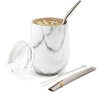 BALIBETOV Kit Calebasse Maté Yerba (Tasse Maté) et Bombilla Maté - Acier Inoxydable 18/8 à Double Paroi - Comprend Deux Bombillas et Une Brosse de Nettoyage (MARBRE, 355 ml)