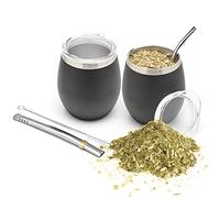 BALIBETOV Tasse maté Double Set (5 pcs. set) - Ensemble pour Yerba Mate En Acier Inoxydable- Inc. 2 Tasse Mate(Mate Gourde), 2 Bombilla Maté et Brosse de Nettoyage - idéal pour partager (Noir)