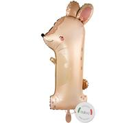 Balloa Ballon alu XXL, chiffres 1 lapin, ballon hélium, motif animal, cadeau pour 1 anniversaire, ballon chiffre un anniversaire, garçon, fille, décoration, ballon, animal numéro 1, 95 cm