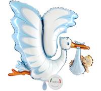 balloa Ballon en aluminium XXL cigogne avec bébé garçon, ballon à l'hélium décoration de naissance, ballon de fête prénatale, cadeau de naissance d'un fils, ballon en aluminium pour fête prénatale