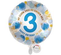 balloa Ballon gonflable XXL 3ème anniversaire garçon à l'hélium avec chiffre 3 et inscription en allemand « Wie schön dass du geboren bist », décoration d'anniversaire pour enfants, garçon, 53 cm