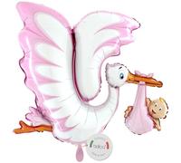 balloa Ballon gonflable XXL en forme de cigogne avec bébé fille, ballon à l'hélium pour naissance, cadeau de fête prénatale, ballon rose pour nouveau-né, décoration de fête, fête prénatale, fille