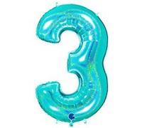 Ballon Aluminium Chiffre 3 Bleu Tiffany Holographique 40" 102 Cm Grabo Balloons® - Bleu Tiffany Bleu G