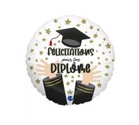 BALLON ALUMINIUM ROND FÉLICITATIONS DIPLÔME 45CM Blanc