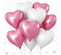 Ballon Coeur Rose Blanc, 12pcs Forme de Coeur Ballons Rose, Ballons en Aluminium Coeur Blanc, Rose Blanc Ballon Coeur Helium pour Anniversaire, Mariage, Engagement, Douche de bébé, Valentine