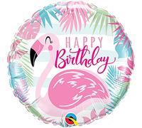 Ballon d’anniversaire rond motif flamand rose, «Happy Birthday» Qualatex 57274, 45,7 cm.