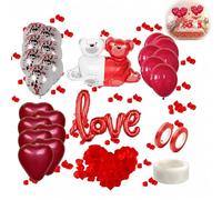 Ballon de Saint-Valentin - 10 Ballons 12" Rouge Pailleté + 10 Ballons 10" Rose Cœur + 1 Ballon LOVE + 1 Ballon Ours Géant + Rubans & Points de Colle - Idéal pour Décoration de Fête, Mariage, Anni