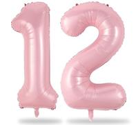 Ballon décoratif 12ème anniversaire rose pastel 12 Ballon géant en aluminium en forme de chiffre 12 et 2 ballons à l'hélium pour fille de 12 ans 21 ans Décoration d'anniversaire de fête