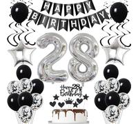 Ballon Décoration Anniversaire 28 Ans - Noir et Argent pour Femme et Homme - Guirlande et Décoration de Gâteau