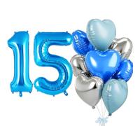 Ballon en aluminium bleu en forme de chiffre 15 - Ballon en aluminium en forme de cœur bleu argenté de 101 cm - Ballons à l'hélium - 15 et 51 - Kit de décoration pour anniversaire, jubilé, fête
