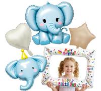 Ballon Foil Anniversaire Éléphant avec Ballon Cadre Photo Happy Birthday - Set Cœur & Étoiles - Décoration pour Baby Shower, 1er & 2e Anniversaire, Garçon & Fille(Éléphant Bleu)