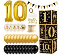 Ballon Noir Or Anniversaire, 10 ans Anniversaire Ballon deco avec Boîtes de Numérotées, Décorations pour Gâteaux, Bannières Triangulaires, Ballon en Aluminium Noir et Or de 10 Ans