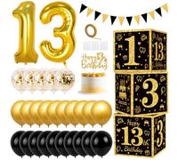 Ballon Noir Or Anniversaire, 13 ans Anniversaire Ballon deco avec Boîtes de Numérotées, Décorations pour Gâteaux, Bannières Triangulaires, Ballon en Aluminium Noir et Or de 13 Ans