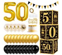 Ballon Noir Or Anniversaire, 50 ans Anniversaire Ballon deco avec Boîtes de Numérotées, Décorations pour Gâteaux, Bannières Triangulaires, Ballon en Aluminium Noir et Or de 50 Ans
