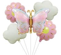 Ballon Papillon 5 Pièces Ballons Fleur Rose Ballon Papillons Fée Ballons Nuage Aluminium pour Filles Enfants Papillon Anniversaire Fête Décoration