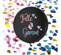 Ballon pour gender reveal, baby shower. Ballon noir XXL, 90 cm en français avec confettis roses et bleus et ruban