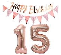 ballons 15e anniversaire deco or rose+guirlande joyeux anniversaire +chaîne de fanions 40 "chiffres ballon 15 ballons 15 ans deco anniversaire fille deco 15 anniversaire deco or rose set(15)