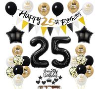 ballons 25 ans anniversaire décoration homme femme, bannière 25 ans anniversaire guirlande décoration 25 ans anniversaire femme décoration gâteau 25 ans anniversaire homme noir or décoration