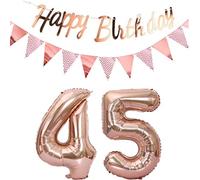 Ballons 45e Anniversaire Femme Or Rose + Guirlande Joyeux Anniversaire + Chaîne de Fanions 40" Chiffres Ballon Deco (45)