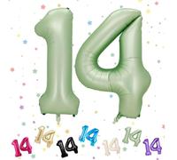 Ballons Anniversaire 14 Vert Sauge, Foil Ballon Numéro Chiffre 14, 101cm Vert Hélium Ballon 14. Anniversaire, Décoration Ballons 14 Ans pour Garçons Filles Anniversaires Fête Deco, Gonflable Hélium