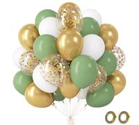 Ballons Anniversaire, 60 Pièces Ballon Or Vert Sauge Blanc avec Ballons Rétro Verts Confettis Métalliques, Ballon Gonflable pour Anniversaire Gender Reveal Mariage Fiançailles Baby Shower, 12 Pouces