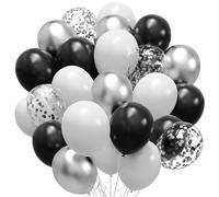 Ballons d'anniversaire Noir Blanc Argent SKYIOL - Lot de 60 Ballons Mat Noirs Blancs - Ballons Confettis Métalliques en Latex à l'hélium pour Mariage, Fête Prénatale, Cérémonie de Confirmation, Fête