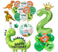 Ballons décoratifs dinosaures pour 2e anniversaire - Grand ballon en aluminium vert avec motif dinosaure et numbe 2 - Mini étoiles et couronne - Ballons Dinasour pour enfants de 2 ans