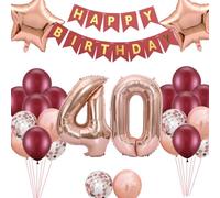Ballons décoratifs pour 40e anniversaire - Or rose - Pour femme | Ballons en aluminium en forme de chiffre 40 - Bannière d'anniversaire - Confettis - Étoile - Bordeaux - Rose rouge - Pour