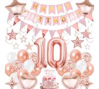 Ballons Decoration Anniversaire 10 ans Fille - Or Rose Décoration Banderole Happy Birthday Nombre Ballon, Tourbillons Guirlande Joyeux Anniversaire pour une 10e Fête Déco