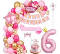 Ballons Decoration Anniversaire Princesse Fille 6 ans avec Couronne | Le kit contient 68 accessoires : ballons, banderole, couronne, baguette magique, echarpe anniversaire, cake topper.