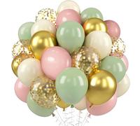 Ballons Rose Vert Or, 60 Pièces Ballons Anniversaire Rose Vert avec Ballon Helium Confettis Or, Latex Ballon Roses Verts pour Anniversaire Mariage Baptême Baby Shower Jungle Safari Décorations de Fête