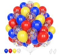 Ballons Rouges Bleus et Jaunes, 60 Pièce 12 Pouces Ballon Bleu Royal Jaune | avec 2* Rubans 10m, Ballons Confettis, Latex Épaissi, pour Anniversaire d'Enfants, Déco Thème Carnaval Cirque, Baby Shower