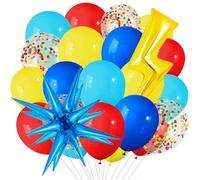 Ballons Rouges et Bleus Jaunes, 27pcs Bleu Foncé Rouge Jaune Confettis Ballon Hélium, Étoile Éclair Ballon en Aluminium, Rouge Bleu Jaune Ballons en Latex, pour Décorations de Fête