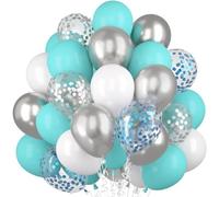 Ballons turquoise blanc argent, 60 pièces, ballons turquoise bleu, ballon hélium argenté métallisé, ballon à confettis argent, ballons en latex mat blanc pour anniversaire, mariage, fête prénatale