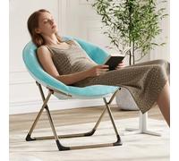 Baloveby Fauteuil Lune Pliant Oversize en Fausse Fourrure Longue Bleu | - Chaise soucoupe d’appoint moelleuse - Cadre métal robuste antidérapant - Pour salon/chambre/dortoir -