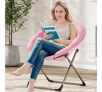 Baloveby Fauteuil Lune Pliant Oversize en Fausse Fourrure Longue rosé | - Chaise soucoupe d’appoint moelleuse - Cadre métal robuste antidérapant - Pour salon/chambre/dortoir -