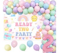 Balterever Ready Two Décorations de 2e anniversaire pour filles avec toile de fond de 1,5 x 0,9 m - Kit de guirlande de ballons en latex pastel pour fête d'anniversaire, table de dessert - Décoration