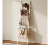 BAMBANG Échelle de couverture avec panier, porte-serviettes à 5 niveaux avec 4 crochets pour salon, étagère murale décorative avec panier de rangement, bambou blanc