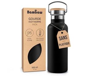Bambaw Gourde Isotherme 500ml, Bouteille Isotherme Inox, Gourde Velo en Métal Léger, Pour Boissons Chaudes ou Froides, Tient dans un Porte-Gobelet, Idéale pour les Voyages et le Sport (Noir Onyx)