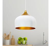 bamyum Suspension Luminaire Moderne en Bois et Metal, Lustre Salon Ronde de 30 cm, Lustre Cuisine E27 en Métal, Plafonnier, Lampe pour Chambre, Salle à Manger, Couloir, Blanc