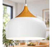 bamyum Suspension Luminaire Moderne en Bois et Metal, Lustre Salon Ronde de 30 cm, Lustre Cuisine E27 en Métal, Plafonnier, Lampe pour Chambre, Salle à Manger, Couloir, Blanc