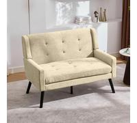Banc 2 Places en Lin avec Pieds en Bois Massif, Beige, 120x75x88 cm