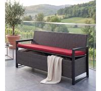 Banc 3 places en polyrotin HWC-F39, banc de jardin avec coffre de rangement, coussins d'assise ~ gris, coussins bordeaux