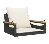 Banc à bascule avec coussins noir 63 x 62 x 40 cm en polyrotin | Structure en acier verni, coussins rembourrés, bois d'acacia, usage extérieur, anneaux de fixation