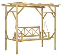 Banc à bascule avec pergola en bois massif, 2 places, 221 x 140 x 196 cm, finition naturelle, chaînes réglables en hauteur, toit en treillis pouvant accueillir des plantes, résistant aux intempéries,