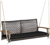 Banc à bascule COSTWAY 2 places, banc suspendu en rotin PE avec coussins et accoudoirs, balançoire de jardin jusqu'à 360 kg 131 x 68 x 54 cm Noir